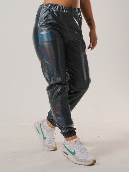Women's Vibrant Purple Casual Tapered Leggings with Elastic Waistband & Side Pockets - Medium-Stretch All-Season Comfort for Lounge, Workouts & Casual Attire, Leggings, Lounge Wear, Fashionable Jogger Style, Medium Elasticity
