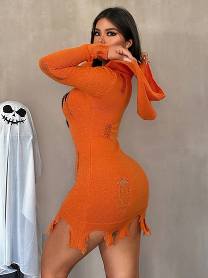 Women's Solid Color Hooded Halloween Dress - Distressed Pumpkin Face Design, Bodycon X-Silhouette, Machine Washable, Vibrant Orange for Halloween Parties & Casual Wear, Halloween Costumes, Festive Attire, Festive Design, Easy