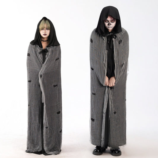 Halloween Witch Cloak Skull Clothes Mask Script Kill Ghosthouse Chamber Dress up Zombie Costume, Black Hooded Skull Mask with Glowing Eyes, Long Flowing Cape & Chains
