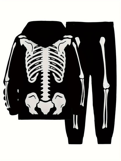 Kebisi Men's 2pcs Halloween Skull Print Casual Hoodie and Sweatpants Autumn and Winter Comfortable Streetwear as a Gift
