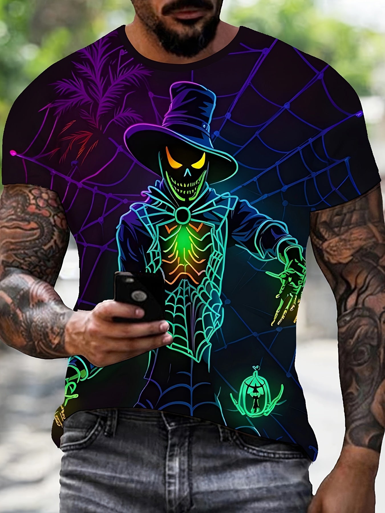[Glow In Dark Halloween Tee] Glow In Dark Men's Halloween T-Shirt | Spider Web Monster Graphic Tee with Purple/Black/Teal Glow - Lightweight Knit Fabric, Regular Fit for Costume Parties, Casual Attire, Halloween Outfits, Part