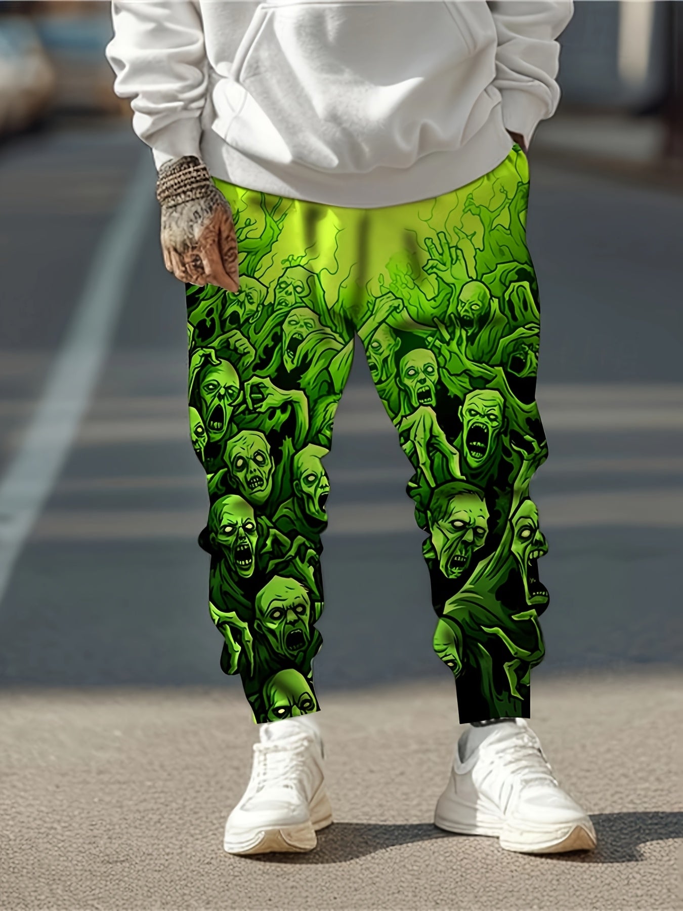 Men's 3D Zombie Horde Print Joggers - Neon Green Casual Pants with Drawstring Waist & Pockets, Full-Body Graphic Design, Regular Fit for Lounge, Gym, or Streetwear - Machine Washable, Jogging Pants, Adjustable Comfort Fit