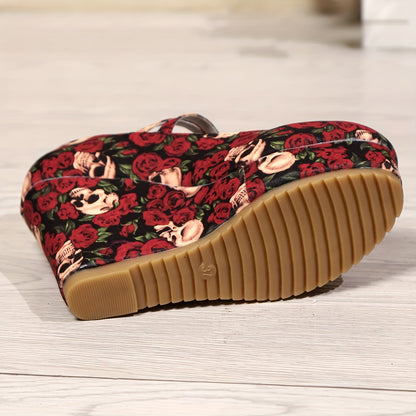 Women's Gothic Rose & Skull Print Wedge Heels - Elegant Ankle Strap Platform Pumps with Metallic Buckle, Red Floral Design on Black Background, Perfect for Casual or Stylish Outfits, Cute Heels
