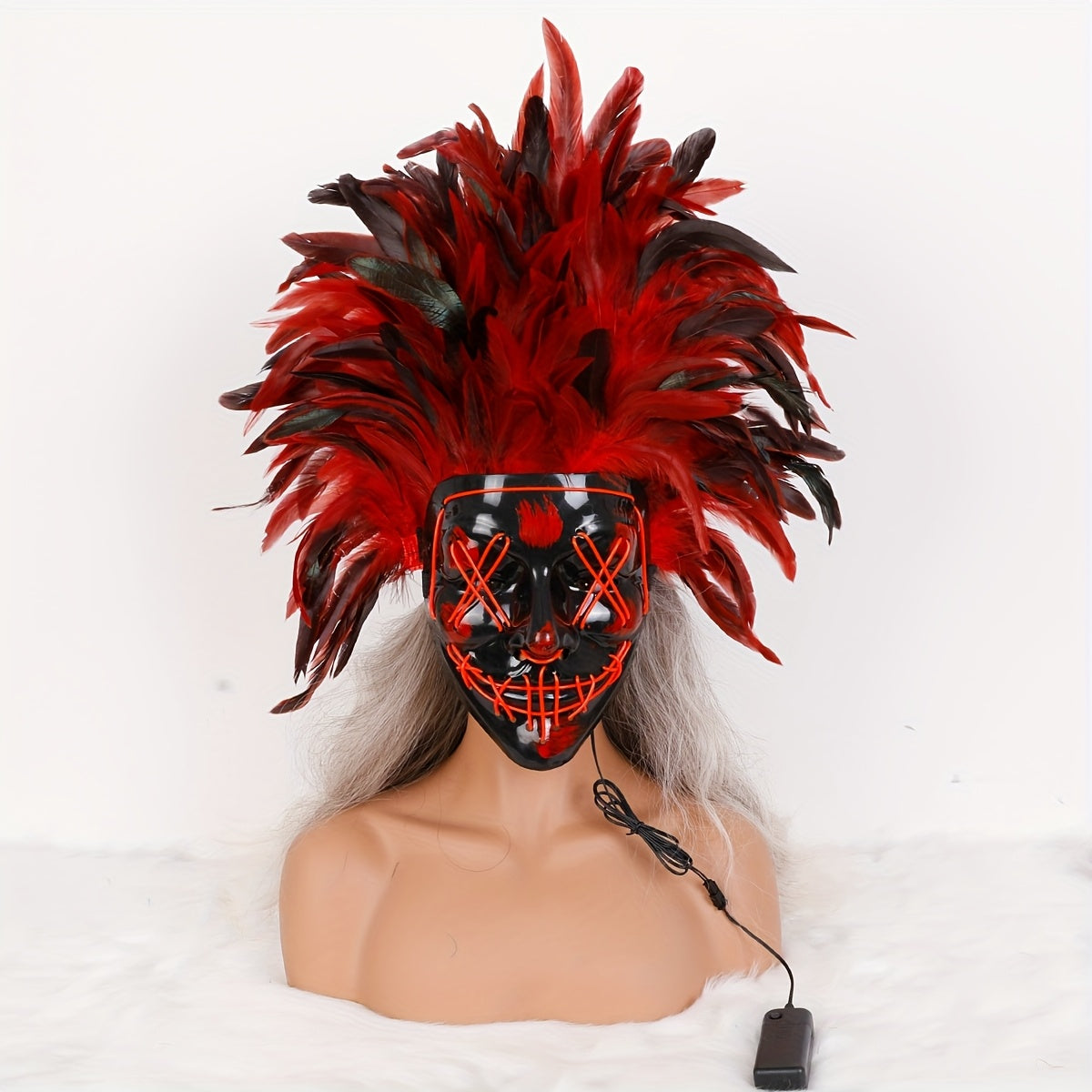 Halloween V-face horror LED luminous mask simulation feather mask EL cold light dress up props party atmosphere supplies