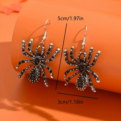 [Gothic Spider Earrings] Gothic Halloween Rhinestone Spider Pendant Earrings - Pair of Black Faux Spider Dangle Jewelry with Sparkling Crystals | Zinc Alloy & Iron Posts | Women's Party Festive Accessories | Gothic Style | Rh