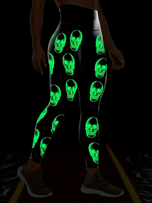[Glow Halloween Leggings] Stretchy, Comfortable Glow-in-the-Dark Halloween Skull Print High Waist Yoga Leggings for Women | Black Sports Pants for Nighttime Workouts or Casual Wear, Casual Sportswear