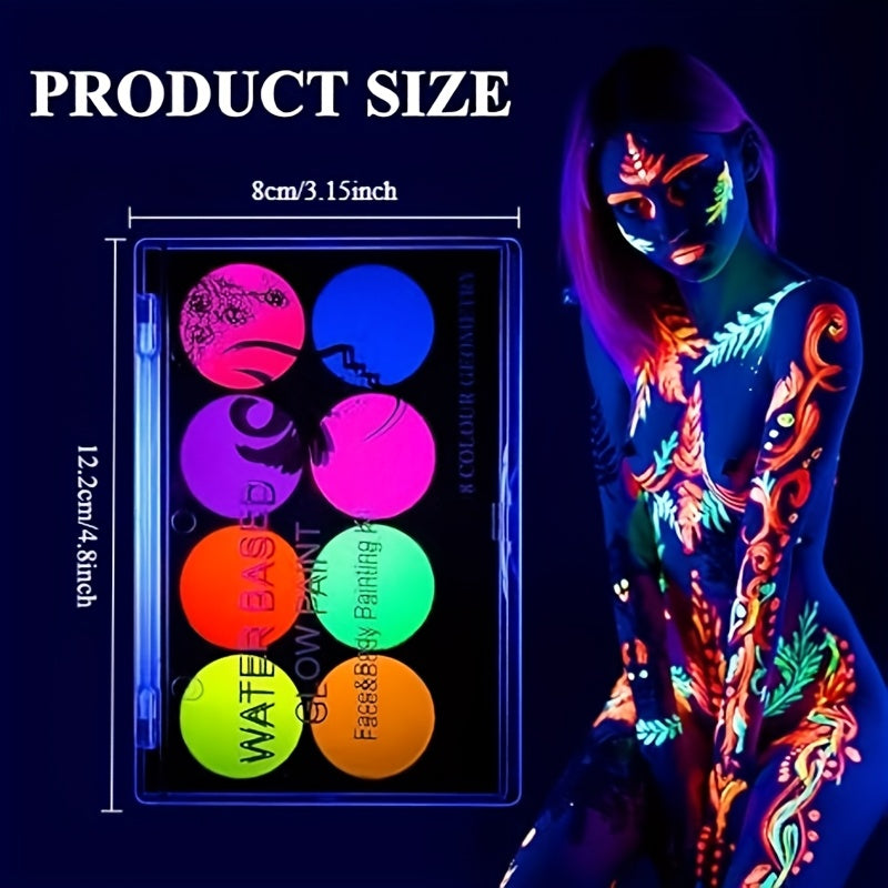 8 Colors Neon Glow in the Dark Face & Body Paint Set - Water Activated, Easy to Apply Paste for Vibrant, Fun & Creative Makeup Looks at Parties, Halloween, and Music Festivals, Party Makeup | Vibrant Neon Makeup | Easy Applic