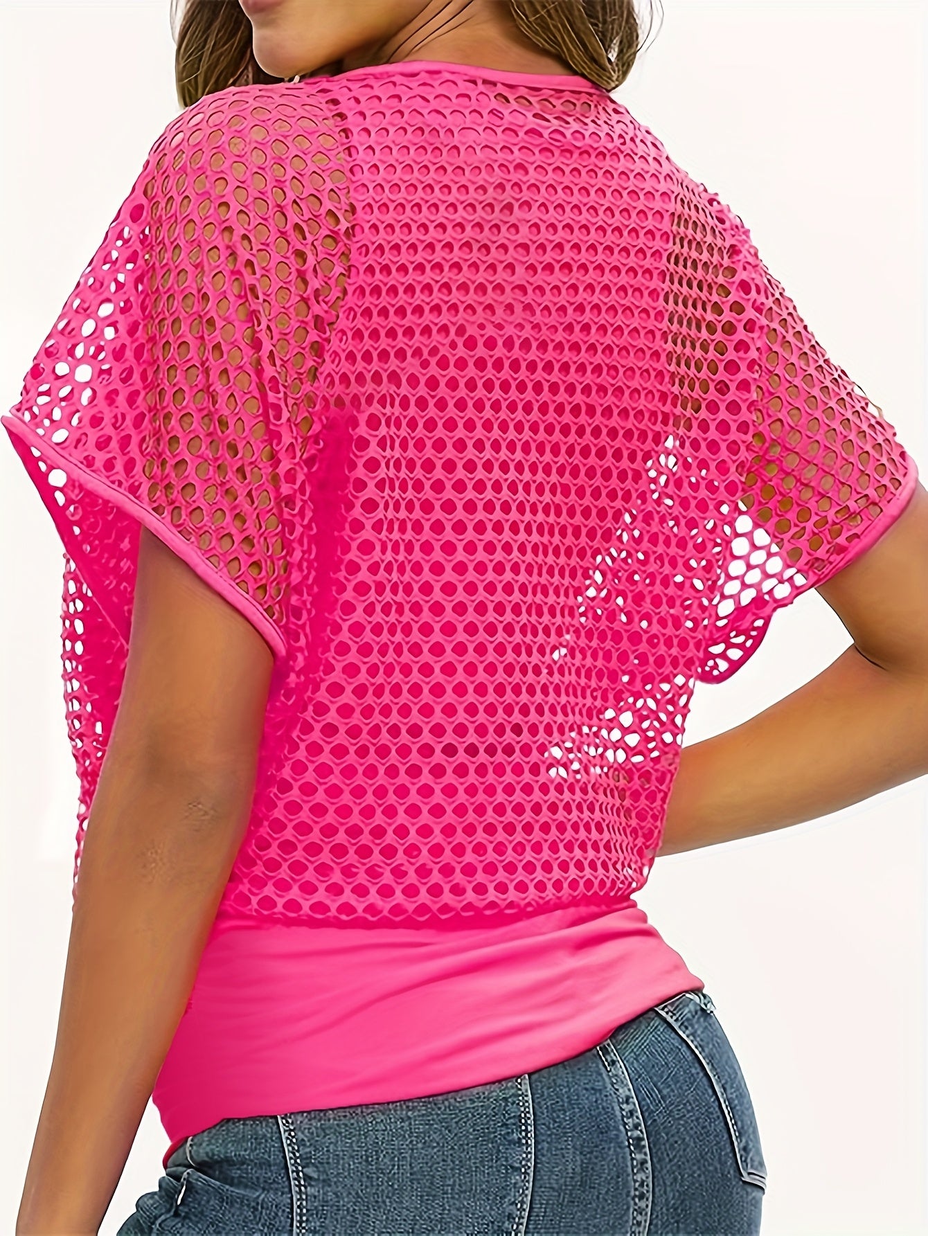 Two-Piece Set Women's Casual Sexy Neon '80s Vacation Tank Top + Fishnet Off-Shoulder T-Shirt