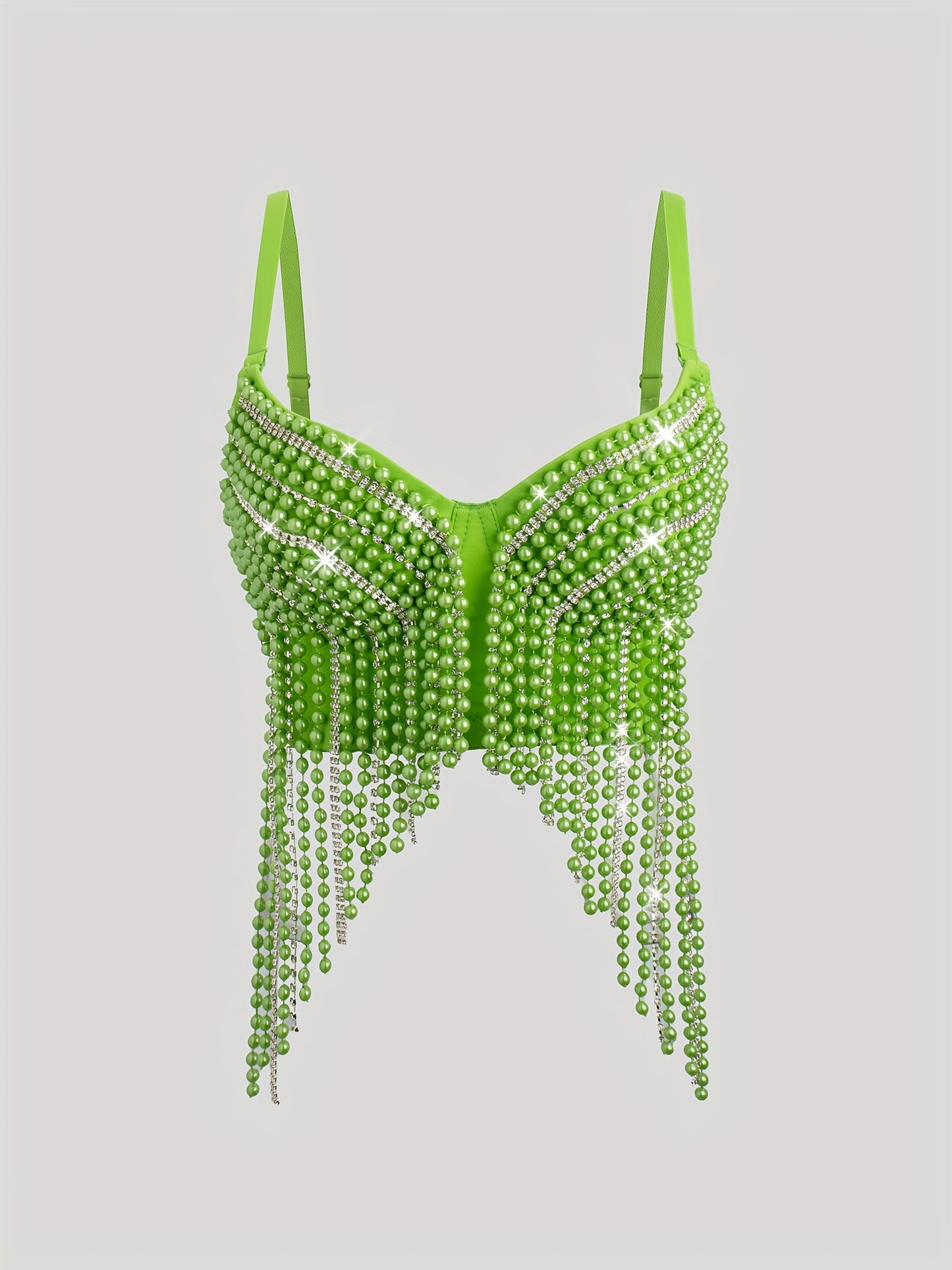 Sexy Fishbone Corset Top with Pearl Embellishments & Tassel Details - Vibrant Pink Stretchy Spaghetti Strap Bustier for Nightclub, Concert, Festival - Versatile All-Season Women's Fashion, Concert Attire, Elegant Style, Styli