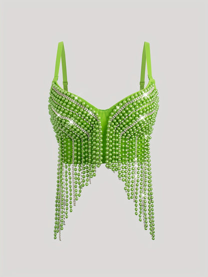 Sexy Fishbone Corset Top with Pearl Embellishments & Tassel Details - Vibrant Pink Stretchy Spaghetti Strap Bustier for Nightclub, Concert, Festival - Versatile All-Season Women's Fashion, Concert Attire, Elegant Style, Styli
