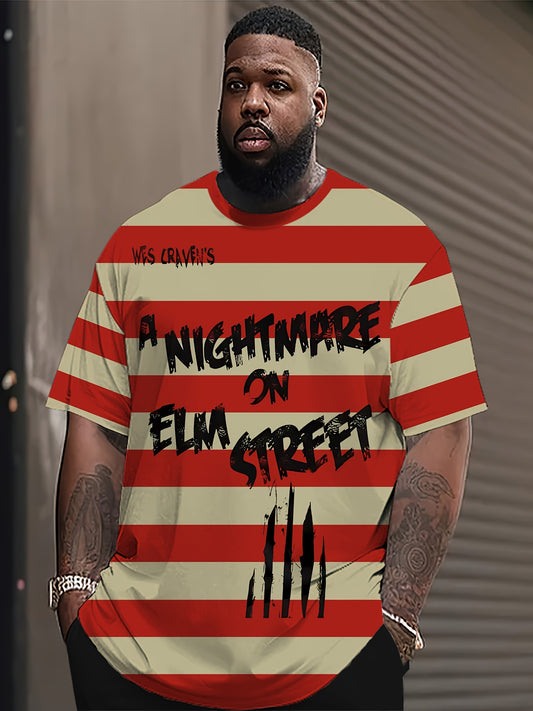Men's Oversized 3D 'Nightmare on Elm Street' Graphic T-Shirt - Bold Red & White Stripes with Black Text, Stylish & Comfortable Polyester Blend, Summer Casual Tee for Outdoor Activities, BIG SIZE, PLUS SIZE