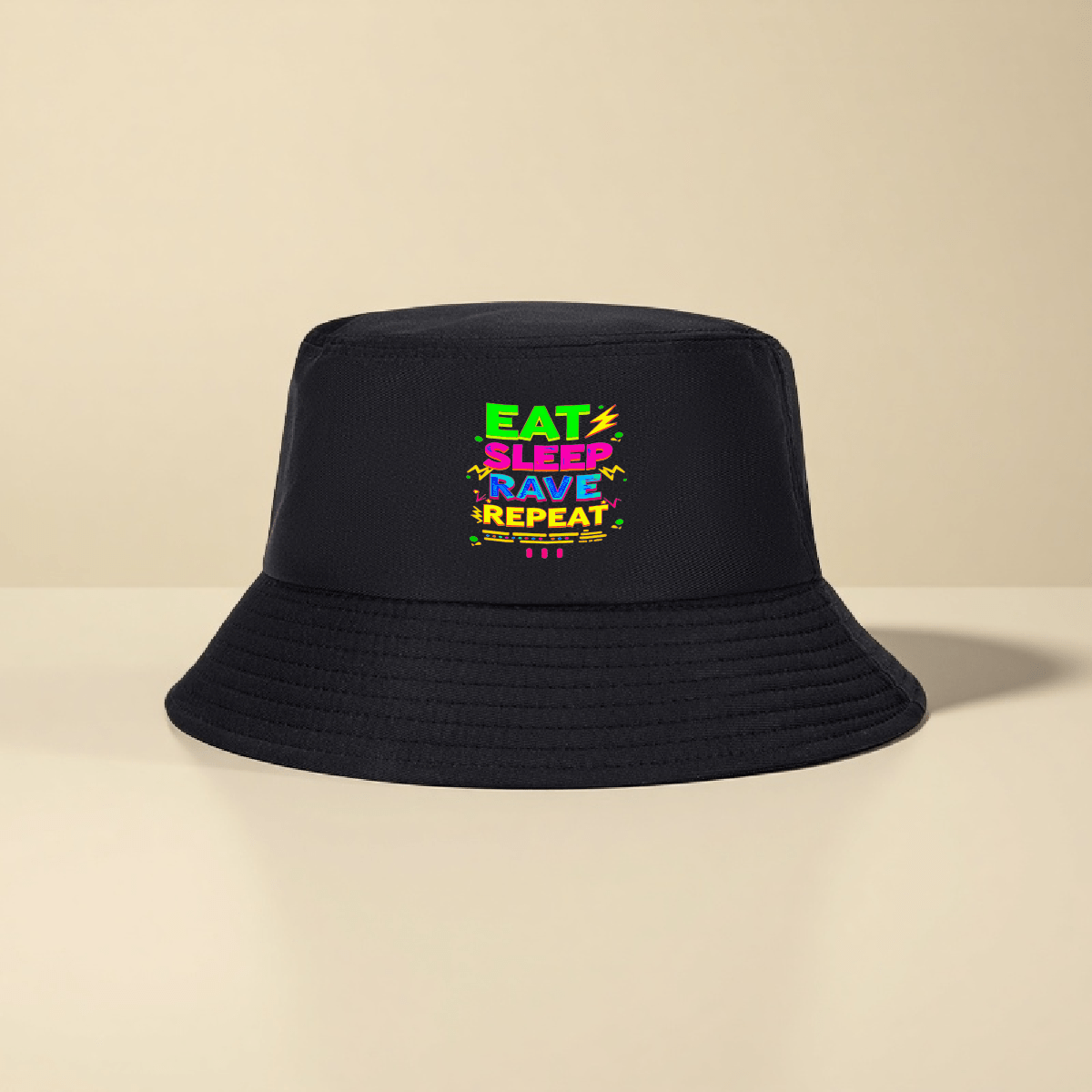 1pc Trendy Streetwear Bucket Hat with Bold "EAT RAVE REPEAT" Graphic Print - Black Unisex Summer Hat for Outdoor Camping Hiking Fishing, Adjustable Comfort Fit, Camping Gear, Festival Accessory, Street Fashion, Breathable Fab