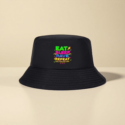1pc Trendy Streetwear Bucket Hat with Bold "EAT RAVE REPEAT" Graphic Print - Black Unisex Summer Hat for Outdoor Camping Hiking Fishing, Adjustable Comfort Fit, Camping Gear, Festival Accessory, Street Fashion, Breathable Fab