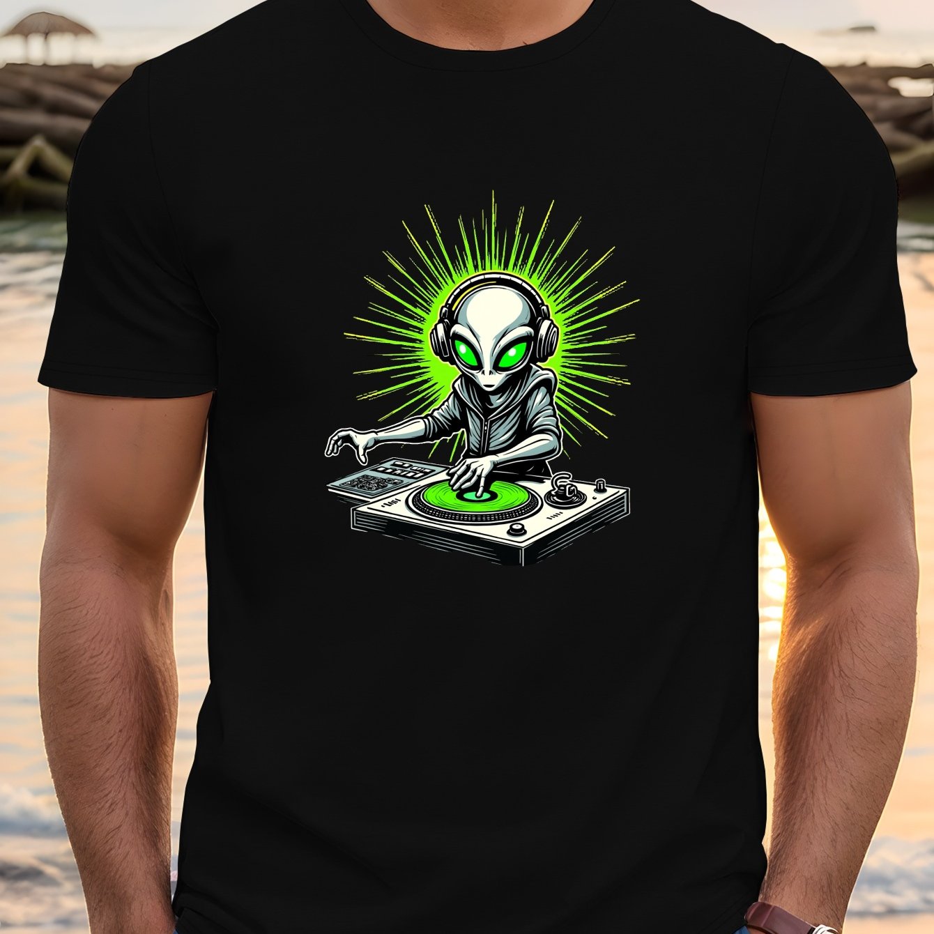 Men's Alien DJ with Headphones & Neon Green Sunburst Graphic Print Crew Neck T-Shirt - Lightweight Summer Casual Tee, Regular Fit, Machine Washable, Music Lover Apparel | Playful Design Shirt | Breathable Fabric