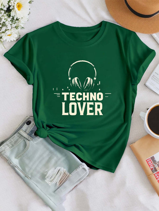 Women'S "Techno Lover" Graphic T-Shirt - Green Casual Crew Neck Tee with Headphones Design, Short Sleeve for Spring & Summer, Casual Attire|Playful Print|Comfortable Fit, Techno Tshirt