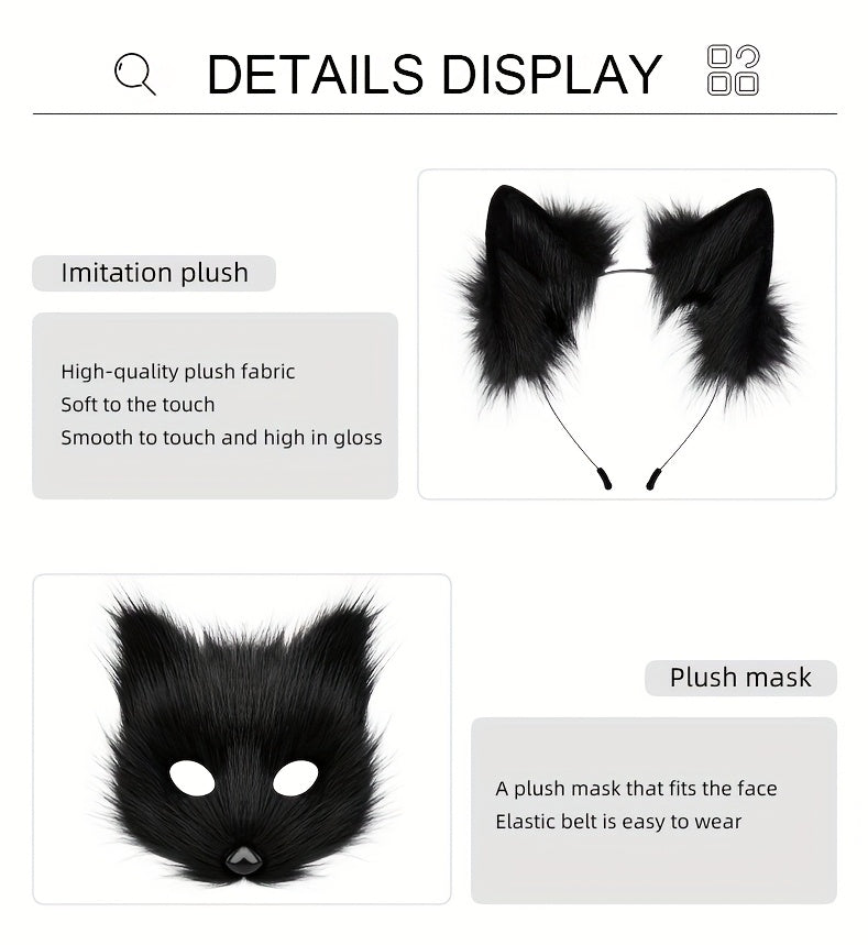[Halloween Christmas] 4pcs Set, Adjustable Faux Fox Fur Mask Costume - Bendable Tail, Ears Headband and Gloves - Halloween/Christmas Role Play, Carnival Party, Without Battery