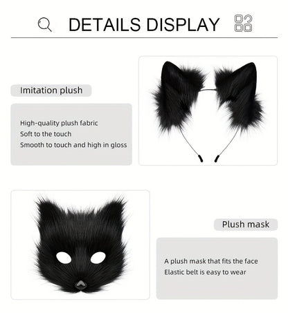 [Halloween Christmas] 4pcs Set, Adjustable Faux Fox Fur Mask Costume - Bendable Tail, Ears Headband and Gloves - Halloween/Christmas Role Play, Carnival Party, Without Battery