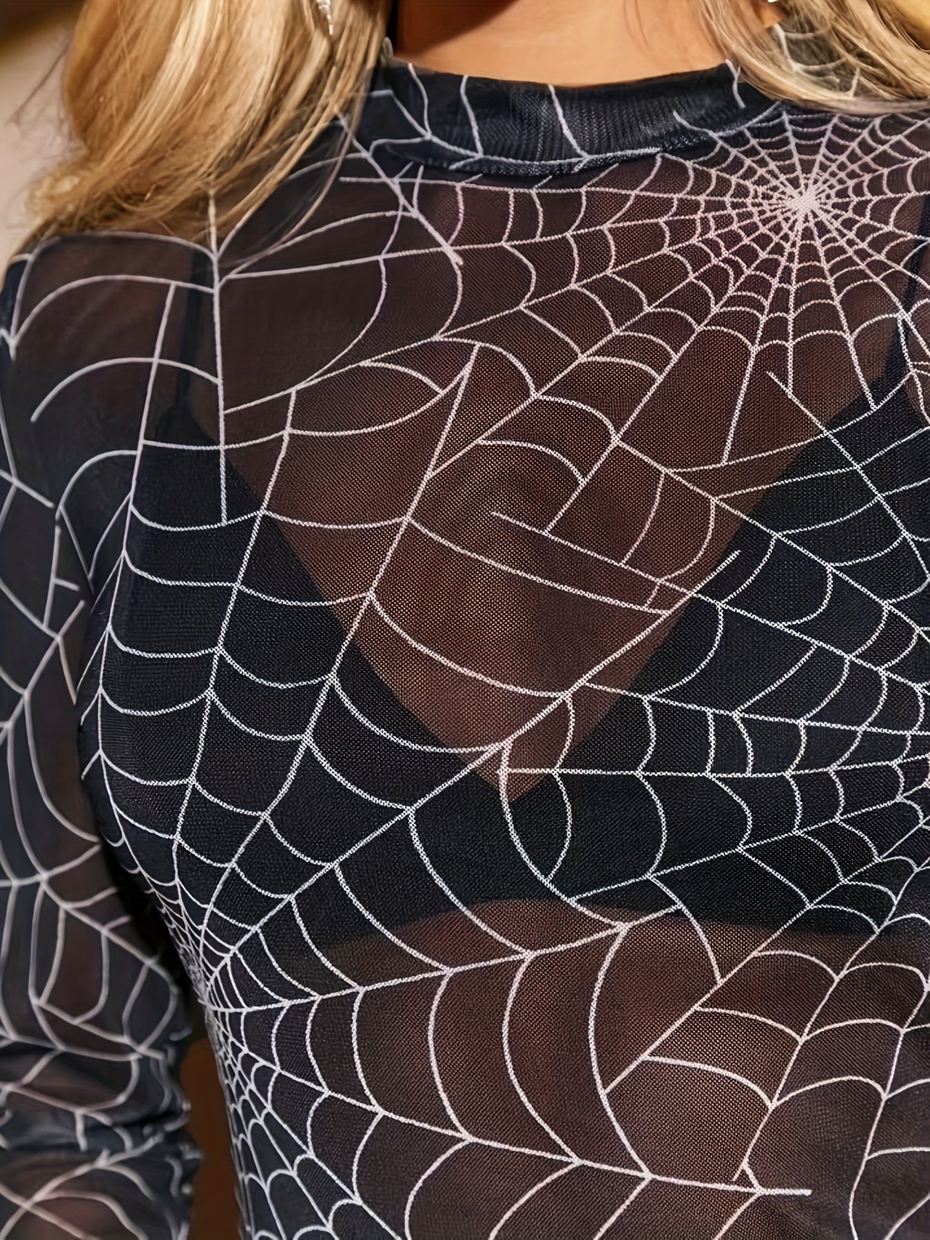 [Sexy Sheer Mesh Top] Sexy Sheer Mesh Women's Spider Print Top | Long Sleeve Round Neck Blouse, Stretchy Polyester & Spandex Blend, Machine Washable, Versatile Casual to Evening Wear for Spring Summer Fall