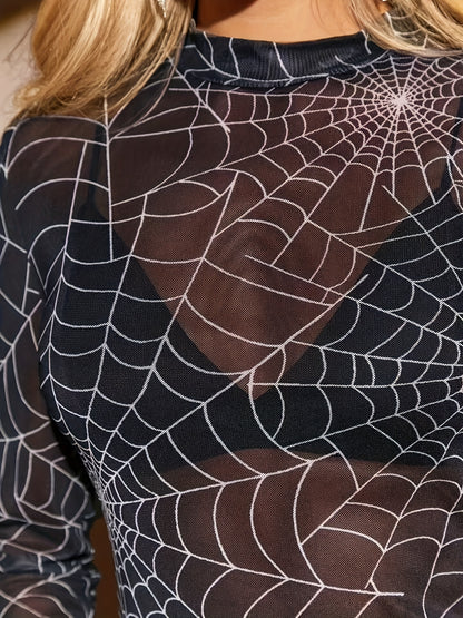 [Sexy Sheer Mesh Top] Sexy Sheer Mesh Women's Spider Print Top | Long Sleeve Round Neck Blouse, Stretchy Polyester & Spandex Blend, Machine Washable, Versatile Casual to Evening Wear for Spring Summer Fall