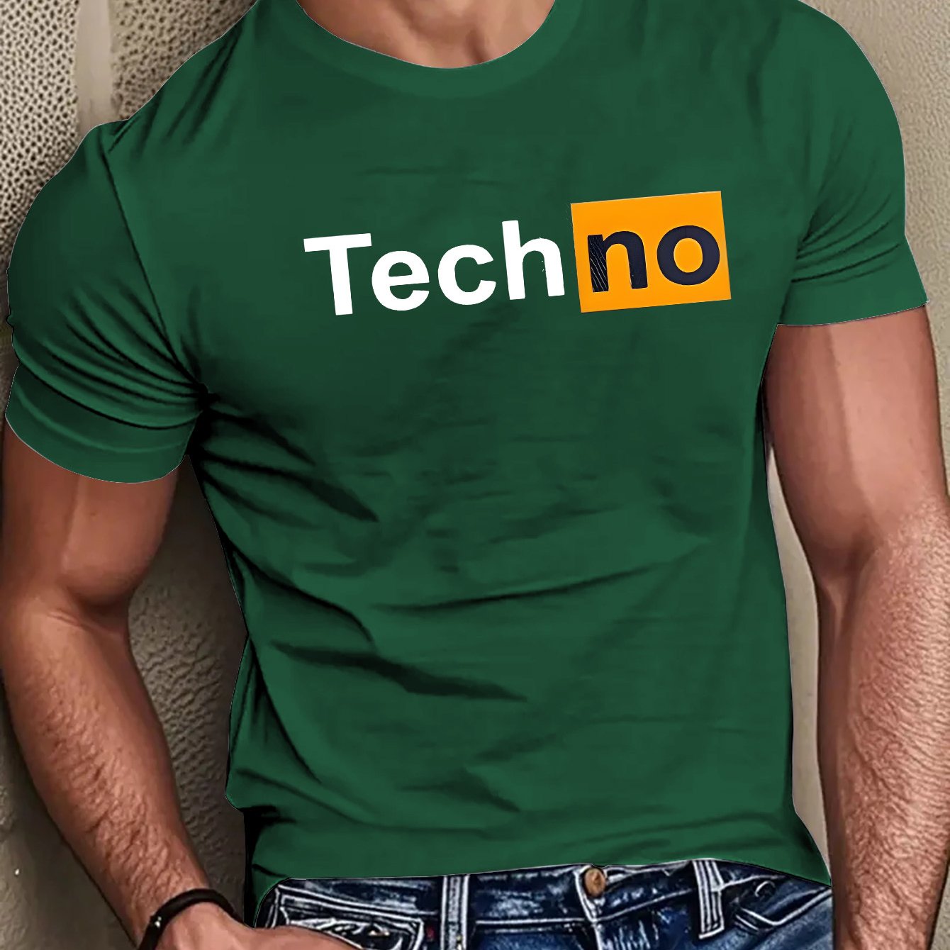 Men's Casual Summer T-Shirt - Soft Breathable Fabric with Bold "Techno" Letter Print & Orange Accent, Ribbed Collar, Regular Fit for Casual Attire, Summer T Shirts, Classic Round Neckline, Comfortable Tee Construction