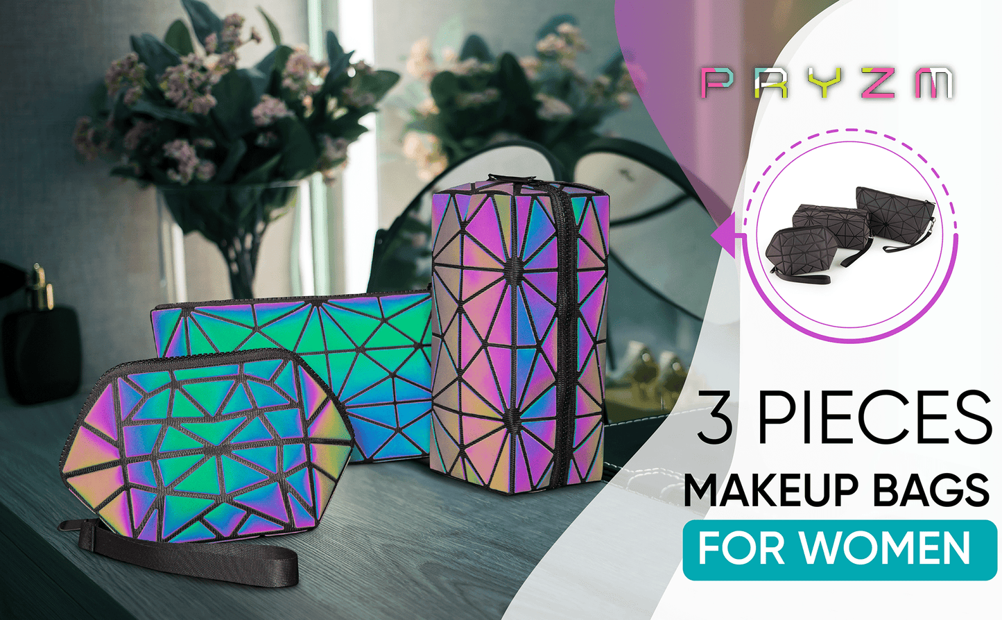 3pc Glow Radium Holographic Reflective Makeup Bag Se
