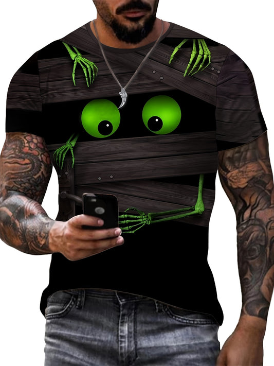 Men'S Mummy 3D Print T-Shirt - Casual Crew Neck, Short Sleeve, Skeleton Design, Black with White Stripes, Halloween Street Fashion, Cool Tshirt | Unique Mummy Design | Bold Graphic Te
