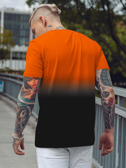 Men's Gradient Rave Graphic T-Shirt - Ice Silky Breathable, Quick-Dry, Round Neck, Short Sleeve, Casual Summer Tee in Vibrant Orange to Black Ombre Design