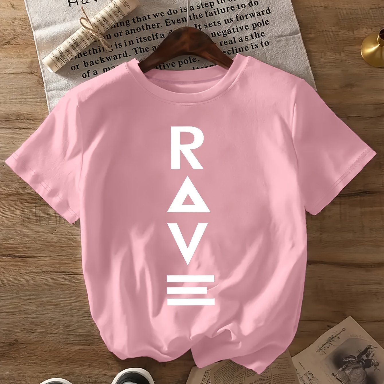 1pc Women's Crewneck T-Shirt - Black with White RAVE Typography Print, Techno Music Inspired Design, Casual Short Sleeve Tee for EDM Festivals & Summer Outings, Machine Washable, Exclusive Deal of the Day Gift Idea, T-shirt S