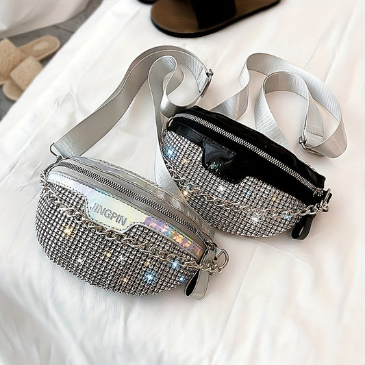 Shining Rhinestone Waist Bag, Bling-Bling belt bag for Women, Trendy Chain Decor Crossbody Chest Bag Bum Bag belt bag