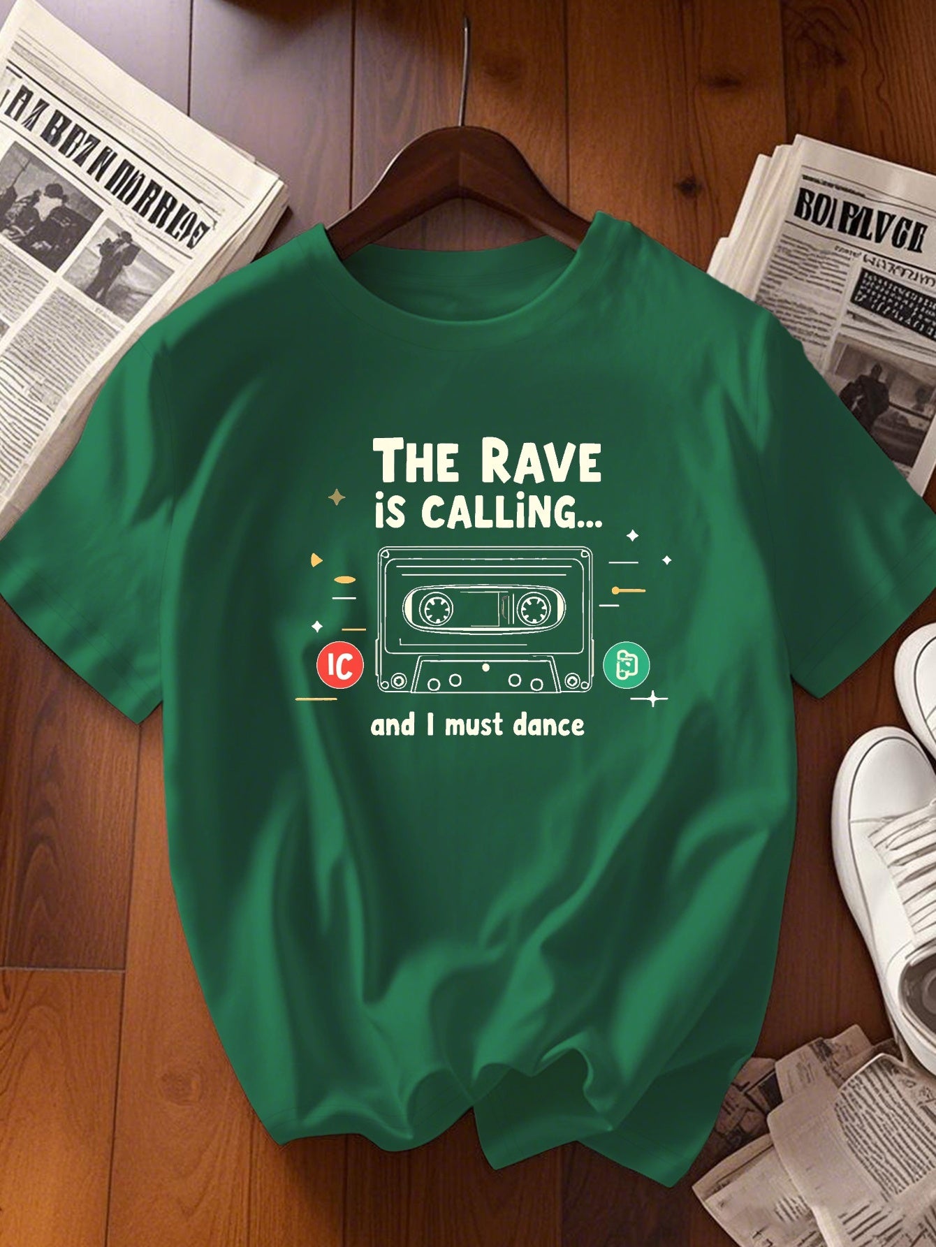Women's Black Retro Rave Cassette & Dance Icons Graphic T-Shirt - "The Rave is Calling" Short Sleeve Crew Neck Top, Medium Stretch Casual Tee for Summer & Spring, Machine Washable, Rave Accessories, Spring Fashion Top, Playfu