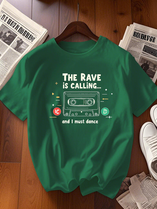Women's Black Retro Rave Cassette & Dance Icons Graphic T-Shirt - "The Rave is Calling" Short Sleeve Crew Neck Top, Medium Stretch Casual Tee for Summer & Spring, Machine Washable, Rave Accessories, Spring Fashion Top, Playfu