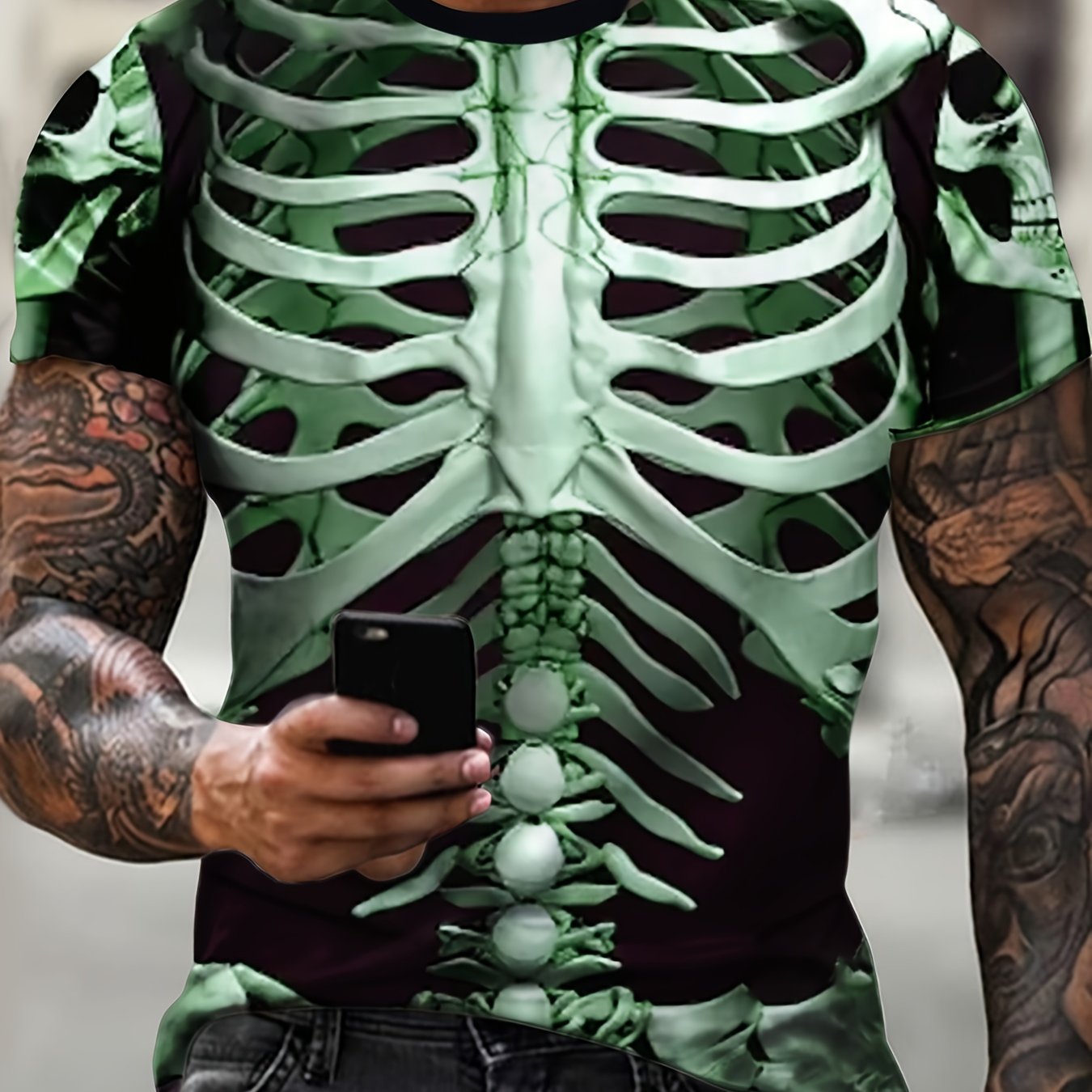 Men's Skeleton Print T-Shirt, Casual Polyester Short Sleeve Tee, Round Neck, Summer Fashion Top, Regular Fit, Halloween Themed, Knit Fabric