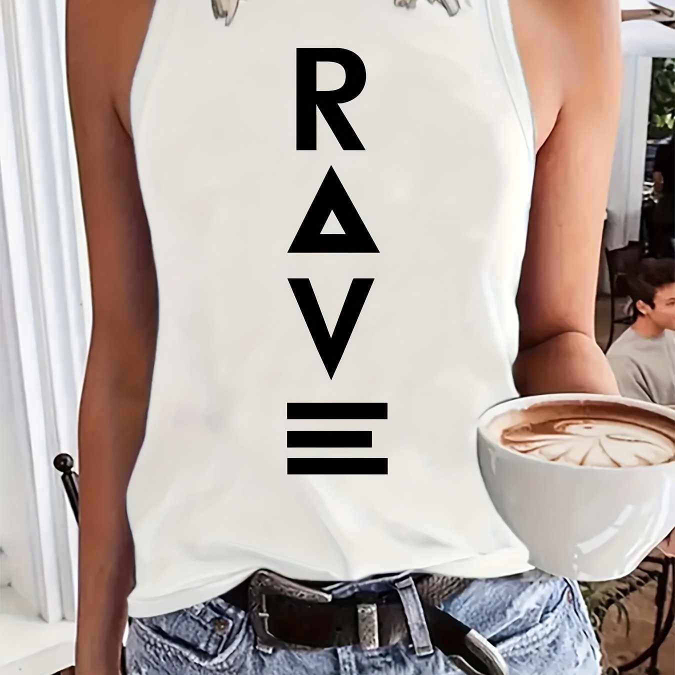 Women'S Casual RAVE Graphic Tank Top - Sleeveless, Round Neck, Light Brown with White Lettering, All-Season Fashion, Casual Attire|Bold Lettering Top|Durable Fabric