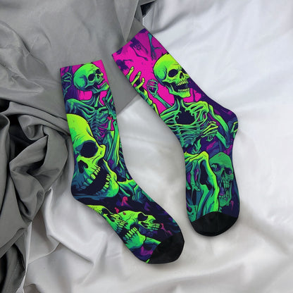 1 Pair Men's Neon Skeleton Knee-High Socks - Vibrant, Colorful Dancing Skeletons Pattern, Novelty Crew Socks, Polyester & Elastane Blend, Hand Wash Recommended, Novelty Socks | Skeleton Print Socks | Stretchy Fabric Socks