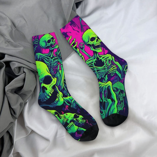 1 Pair Men's Neon Skeleton Knee-High Socks - Vibrant, Colorful Dancing Skeletons Pattern, Novelty Crew Socks, Polyester & Elastane Blend, Hand Wash Recommended, Novelty Socks | Skeleton Print Socks | Stretchy Fabric Socks