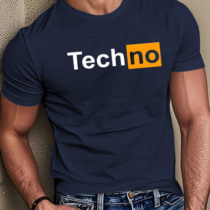 Men's Casual Summer T-Shirt - Soft Breathable Fabric with Bold "Techno" Letter Print & Orange Accent, Ribbed Collar, Regular Fit for Casual Attire, Summer T Shirts, Classic Round Neckline, Comfortable Tee Construction