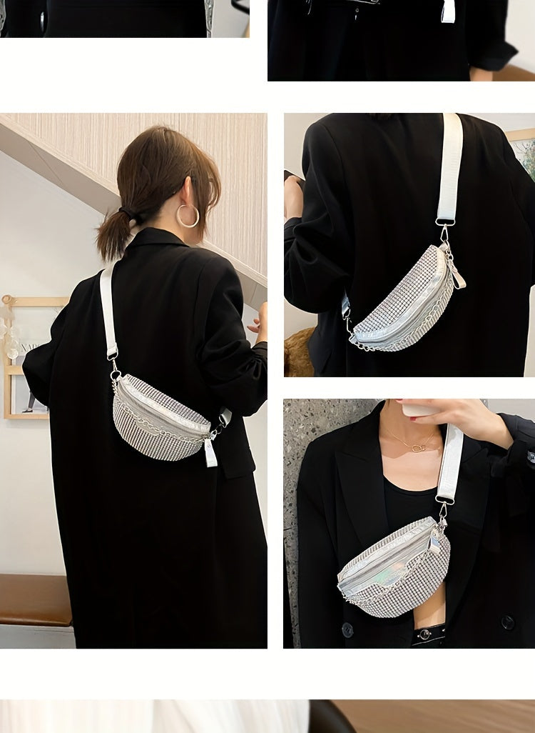 Shining Rhinestone Waist Bag, Bling-Bling belt bag for Women, Trendy Chain Decor Crossbody Chest Bag Bum Bag belt bag