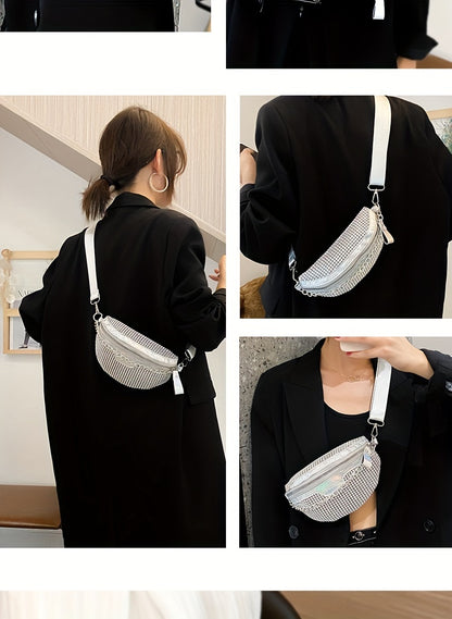 Shining Rhinestone Waist Bag, Bling-Bling belt bag for Women, Trendy Chain Decor Crossbody Chest Bag Bum Bag belt bag