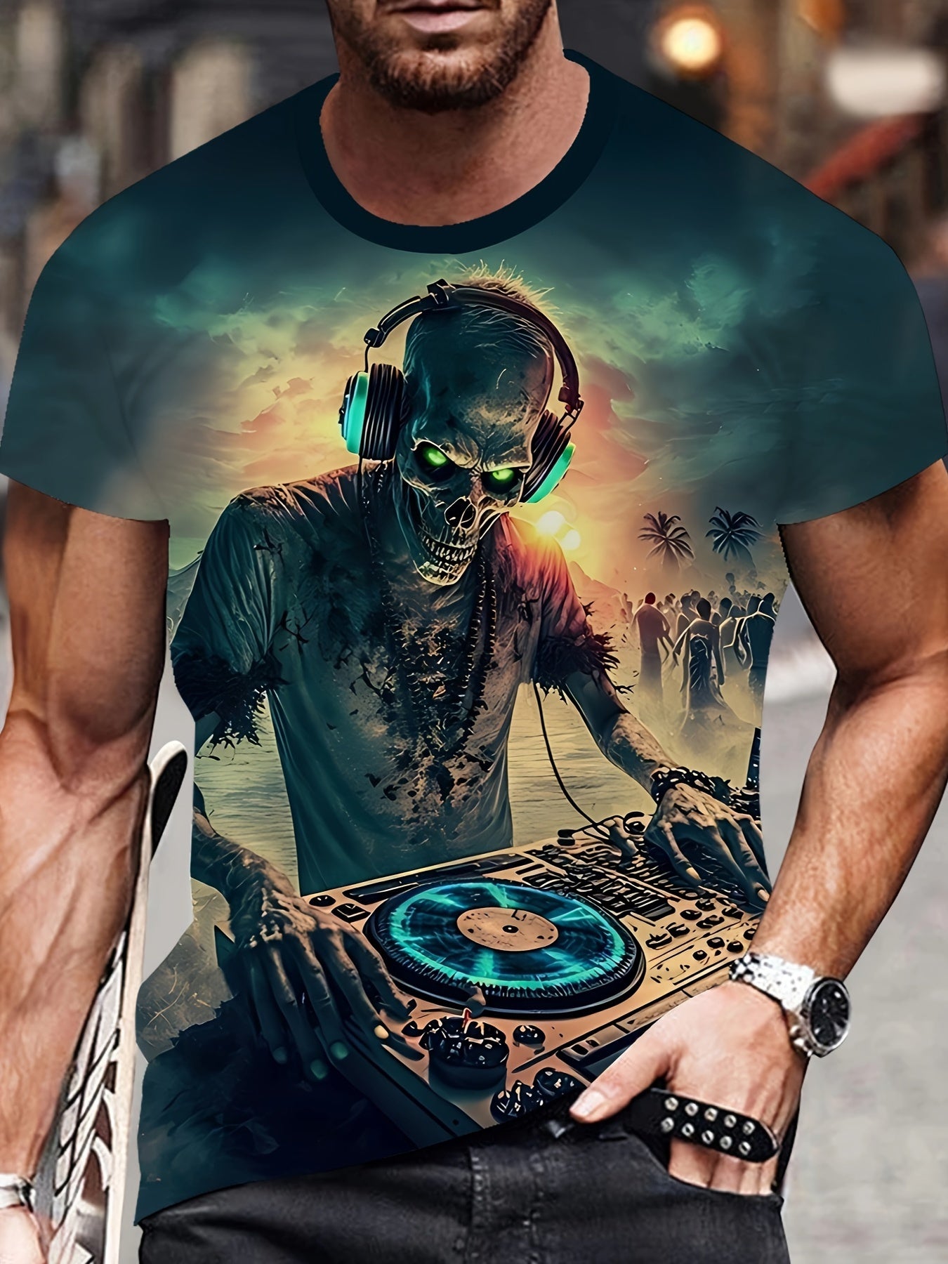 Men's Zombie DJ Graphic T-Shirt - with Glowing Green Eyes, Dark Blue Crew Neck Tee for EDM Clubs, Halloween Parties & Streetwear - Machine Washable Summer Shirt for Music Lovers, Party Outfit, Bold Print, Highquality Print, S