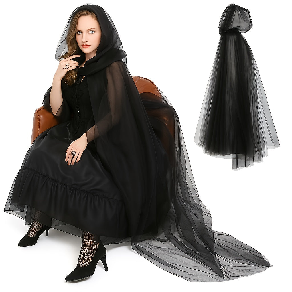 [Elegant Witch Cloak] Double Layer Elegant Witch Cloak with Hat | Halloween Cosplay Costume, Black and White - Adjustable Belt for Scary Parties, Themed Events and Holiday Wear, Tasseled Polyester Fabric, 1pc