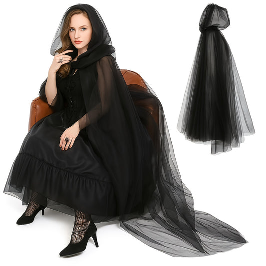 [Elegant Witch Cloak] Double Layer Elegant Witch Cloak with Hat | Halloween Cosplay Costume, Black and White - Adjustable Belt for Scary Parties, Themed Events and Holiday Wear, Tasseled Polyester Fabric, 1pc