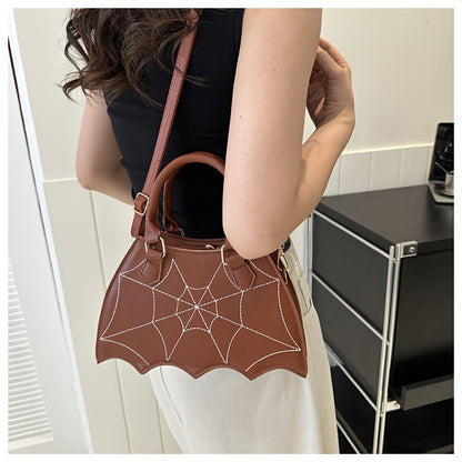 Halloween Women'S Bat Wing Spider Web Handbag - Lightweight Synthetic Faux Leather Tote with Geometric Spider Web Design, Zipper Closure & Detachable Strap, Gothic Style for Daily Use or Party Outfits, Durable Polyester Linin