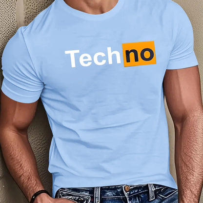 Men's Casual Summer T-Shirt - Soft Breathable Fabric with Bold "Techno" Letter Print & Orange Accent, Ribbed Collar, Regular Fit for Casual Attire, Summer T Shirts, Classic Round Neckline, Comfortable Tee Construction