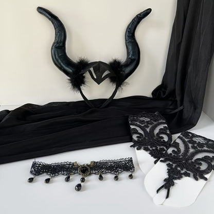 [Halloween Devil Costume Set] 5pcs Halloween Devil Costume Set | Black Witch Cape, Devil Horns Headband, Lace Fingerless Gloves, Gothic Queen Dress Up, Carnival Wizard Party Accessories