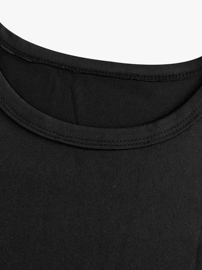 1pc Women'S Elegant "TECHNO" Print T-Shirt Dress - Short Sleeve, Solid Black, Stretchy Polyester, Loose Fit, Machine Washable, Perfect for Spring & Summer Casual Wear, Everyday Elegance | Minimalist Dress | Medium Stretch Com