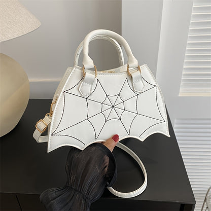Halloween Women'S Bat Wing Spider Web Handbag - Lightweight Synthetic Faux Leather Tote with Geometric Spider Web Design, Zipper Closure & Detachable Strap, Gothic Style for Daily Use or Party Outfits, Durable Polyester Linin