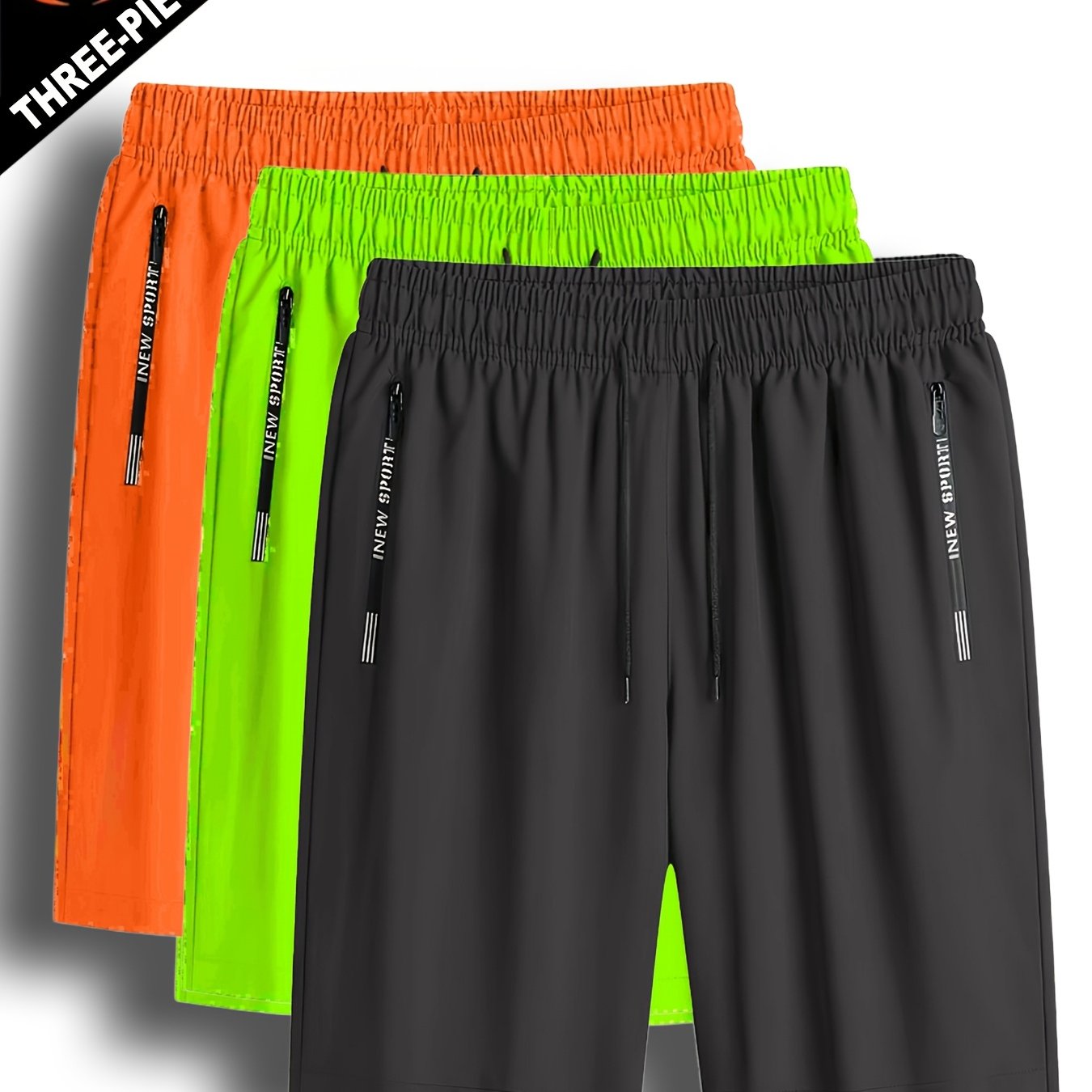 3pcs Men'S Lightweight Quick-Dry Running Shorts - Summer Casual Sport, Loose Fit, Zipper with White Accents, Elastic Waistband, Zipper Pockets, Polyester and Spandex Blend, Large Size