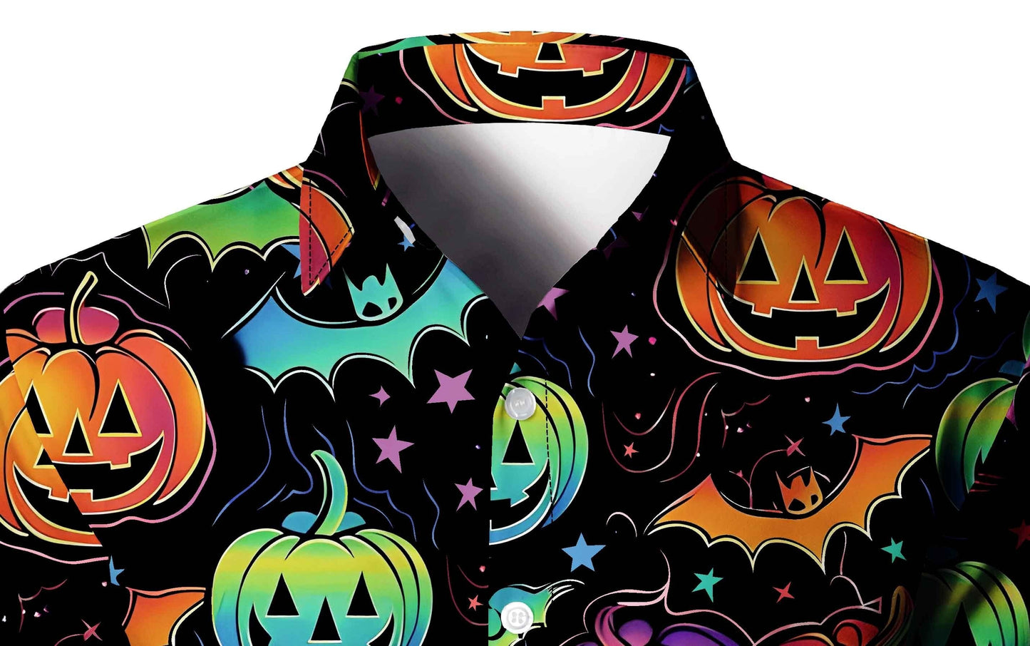 [Festive Halloween Shirt] Polyester Men's Festive Long Sleeve Shirt - Vibrant Halloween-Themed Pumpkin & Bat Print, Button-Up with Chest Pocket, Ideal for Fall/Winter Celebrations, Halloween Decorations