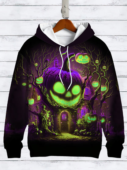 Men's Halloween Hoodie - Pumpkin Graphic Pullover Sweatshirt with Glowing Jack-O'-Lanterns, Hooded Long Sleeve Hoodie for Costume Parties & Casual Attire (Machine Washable) - Fall & Spring Outfits