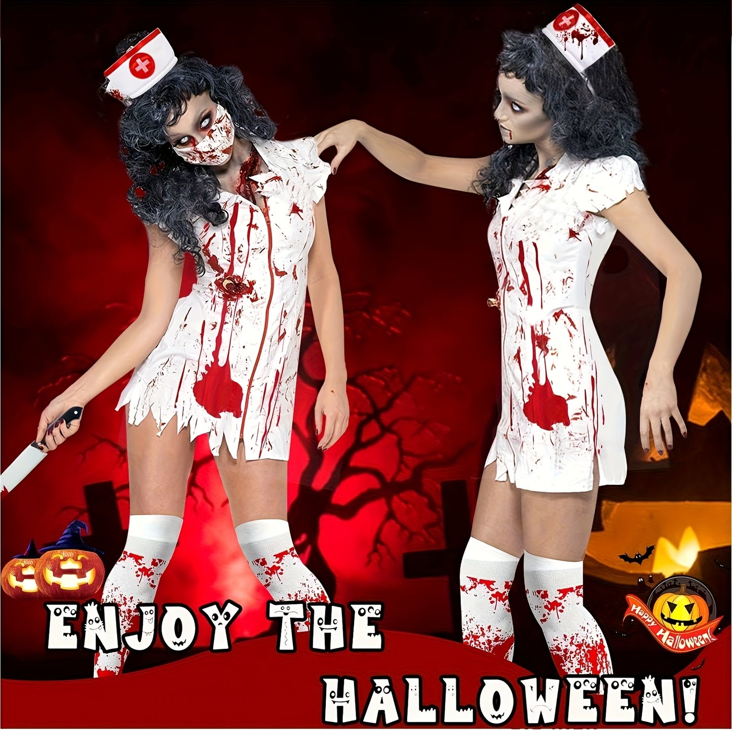 6pcs Halloween Nurse Costume Set for Women - Vintage Style, Polyester Fiber, Includes Dress, Hat, Blood-Dripping Necklace, Fake Knife, and Stockings with Red Accents, Perfect for Adult Cosplay